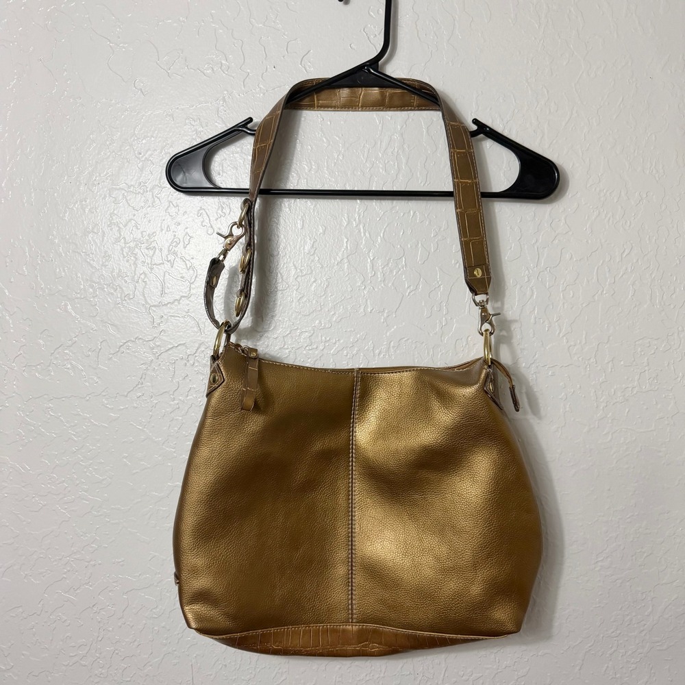 Nine & Company Bronze Metallic Hobo Shoulder Bag Gold Tone Hardware Croc Strap